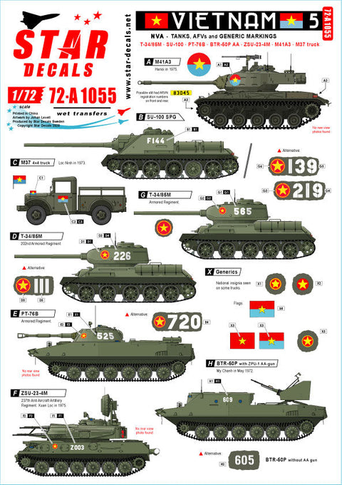 スターデカール 72-A1055 1/72 ベトナム#5 NVA(北ベトナム正規軍)の戦車とAFV