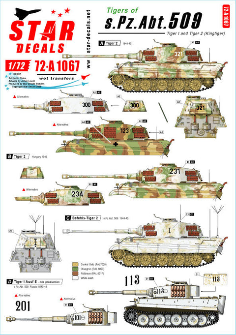 スターデカール 72-A1067 1/72 第508重戦車大隊 タイガー. 東部戦線のタイガー I & タイガー II