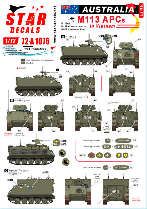 スターデカール 72-A1076 1/72 ベトナムでのオーストラリア軍 # 2. オージー M113装甲兵員輸送車. M113A1, M125A1 & M577 コマンドポスト