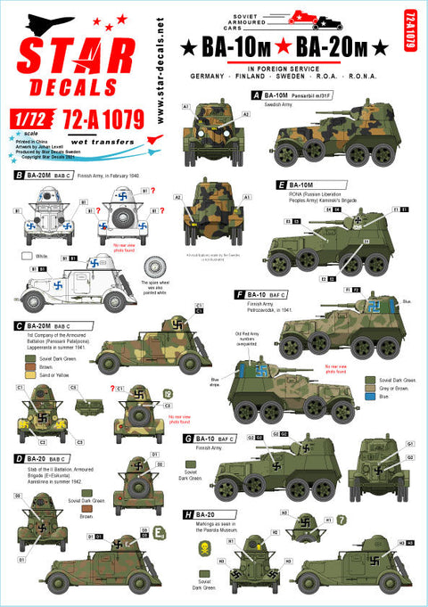 スターデカール 72-A1079 1/72 他国軍で運用されたBA-10M & BA-20M装甲車. ドイツ,スウェーデン, フィンランド, ROA, RONA.