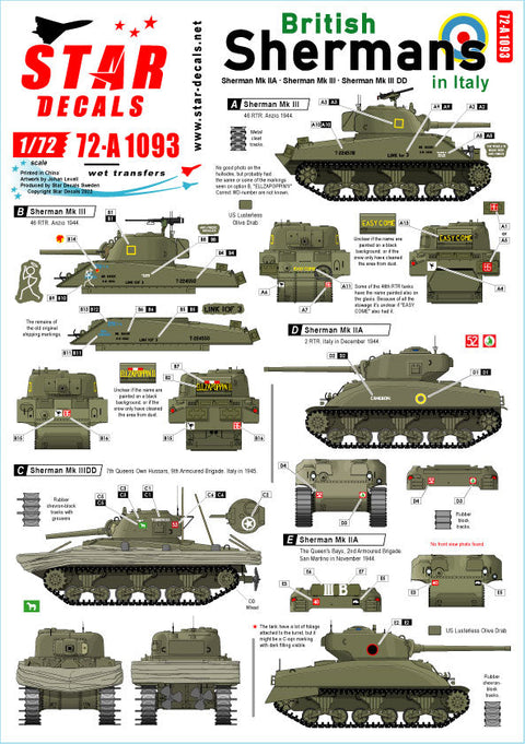 スターデカール 72-A1093 1/72 イタリアのイギリス軍シャーマン シャーマンMkIIA(76mm) シャーマンMkIII シャーマンMkIIIDD