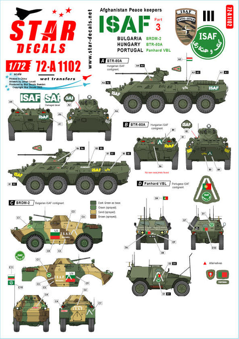 スターデカール 72-A1102 1/72 国際治安支援部隊-アフガニスタン # 3. ブルガリアの平和維持軍 ハンガリー, ポルトガル. BRDM-2, BTR-80A, パナール VBL