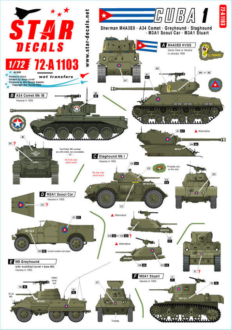 スターデカール 72-A1103 1/72 キューバ危機の戦車・ AFV # 1. M4A3E8 シャーマン,コメット, スタッグハウンド,グレイハウンド, M3A1 SC, M3A1 スチュアート