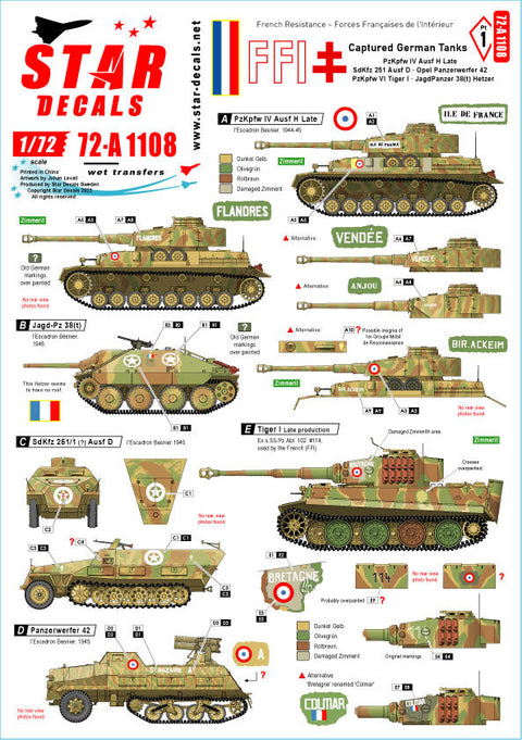 スターデカール 72-A1108 1/72 フランスのレジスタンス #1鹵獲したドイツ戦車