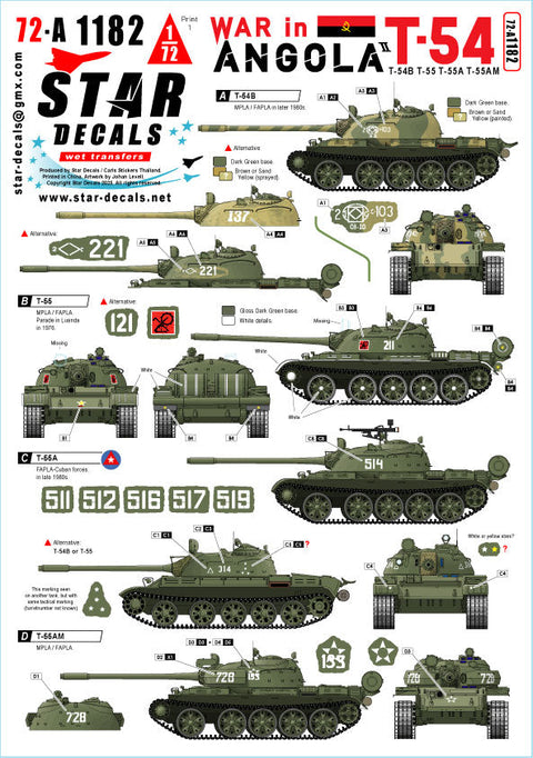 スターデカール 72-A1182 1/72 現用 アンゴラ内戦#2 MPLA/FAPLAのT-54B/T-55/T-55A/T-55AM戦車 1970-80年代
