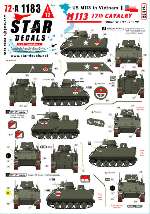 スターデカール 72-A1183 1/72 現用 ベトナム戦争のM113#1 第17騎兵連隊のM113A1 ACAV B/E/F/H中隊