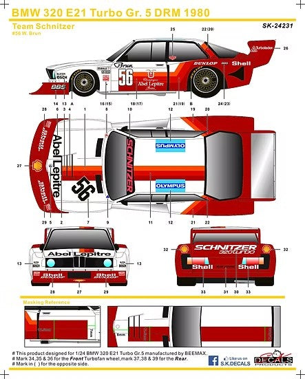 SKデカール SK24231 1/24 BMW 320 E21 ターボ Gr.5 ドイツレーシングカー選手権 DRM 1980 チームシュニッツァー #56(NuNu用)