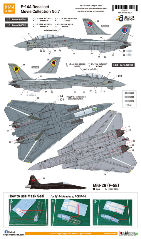 DEFモデル JD14002 1/144 F-14A トムキャット デカールセット- ムービーコレクション No.7(レベル/エース / アカデミー用)