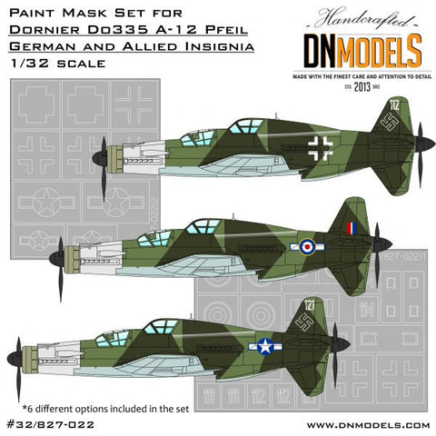 DNモデル 32/827-022 1/32 ドルニエ Do-335 A-12 ドイツ軍&連合軍記章ペイントマスクセット(造形村 SWS No.12,HKモデル 01E09 用)