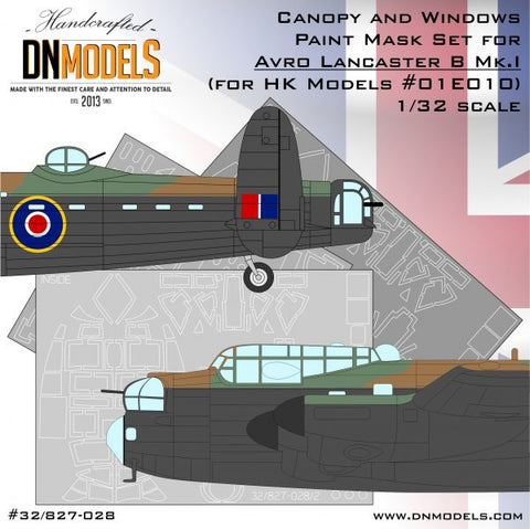 DNモデル 32/827-028 1/32 アブロ ランカスター B Mk.I キャノピーと窓用ペイントマスクセット(HKモデル 01E010用)