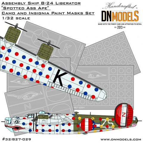 DNモデル 32/827-029 1/32 アッセンブリーシップ B-24 リベレーター「スポッテッド・アス・エイプ」迷彩と記章塗装マスクセット(ホビーボス 83211用)
