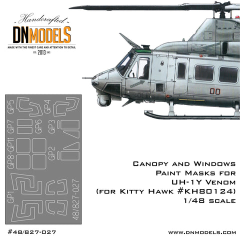 DNモデル 48/827-027 1/48 UH-1Y ヴェノムヘリコプター 塗装マスク - キャノピーと窓 (キティホーク KH80124用)