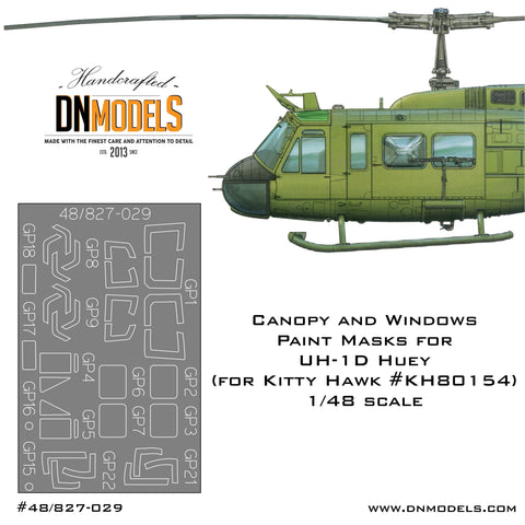 DNモデル 48/827-029 1/48 UH-1D ヒューイヘリコプター 塗装マスク - キャノピーと窓(キティホーク KH80154用)