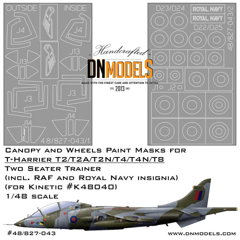 DNモデル 48/827-043 1/48 T-ハリアー1/48用キャノピー&ホイールペイントマスク + RAF&英国海軍記章 (キネティック K48040用)