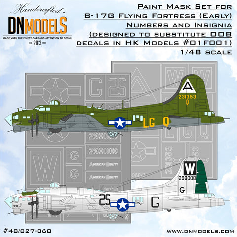 DNモデル 48/827-068 1/48 B-17Gフライングフォートレス(初期型)のナンバーと記章の塗装マスク(HKモデル B-17G 初期生産 01F001用)