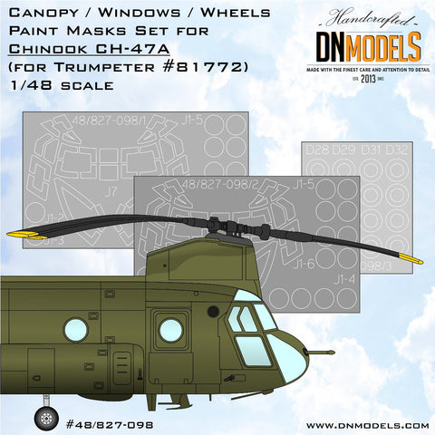 DNモデル 48/827-098 1/48 ホビーボス 1/48スケール CH-47A チヌーク キャノピー&ホイール 塗装マスクセット(内外装)(トランペッター 81772 用)