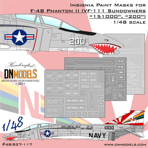 DNモデル 48/827-117 1/48 VF-111 サンダウナーズ CAG F-4B ファントム II 記章ペイントマスクセット(タミヤ,アカデミー,エデュアルド用)