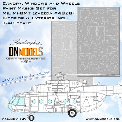 DNモデル 48/827-129 1/48 Mil Mi-8MT ヒップキャノピー,ホイール,ウィンドウペイントマスクセット(ズベズダ 4828用)