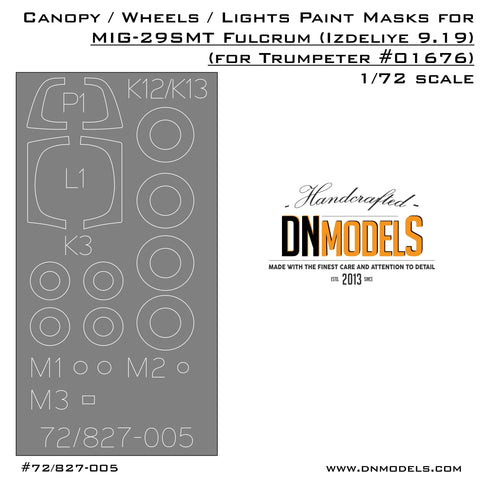 DNモデル 72/827-005 1/72 MiG-29SMT (9-19) キャノピー/ホイール/ライトの塗装マスク(トランぺッター 01676用)