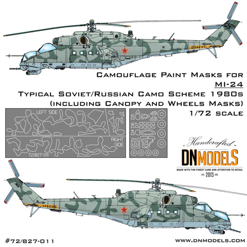 DNモデル 72/827-011 1/72 ミル Mi-24 ソビエト/ロシア迷彩 1980 年代用ペイントマスク (キャノピーとホイール用付)( エデュアルド 2116, ズベズダ 7293, レベル 04839, アカデミー 12523用)