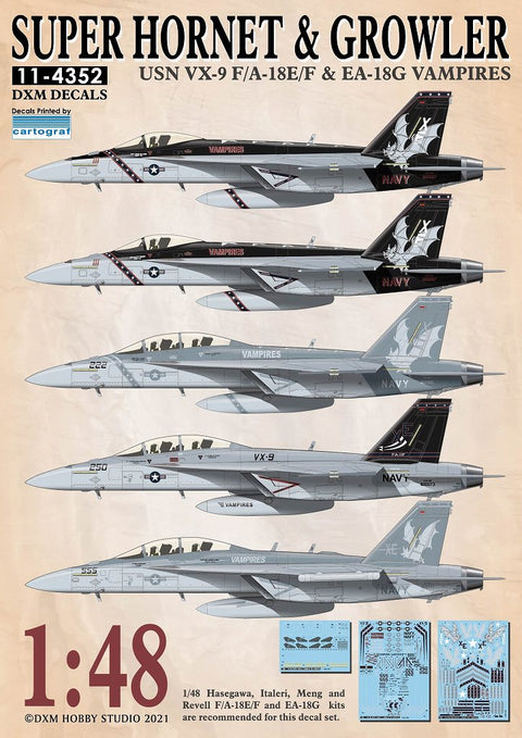 DXM 11-4352 1/48 アメリカ海軍 F/A-18E/F & EA-18G VX-9 ヴァンパイアーズ カルトグラフ製デカール