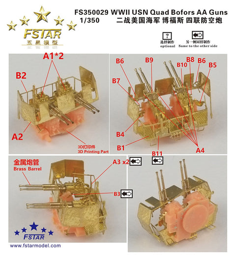 ファイブスターモデル FS350029 1/350 WWII アメリカ海軍 ボフォース対空砲 4連装(4台セット)3Dプリント+真鍮砲身