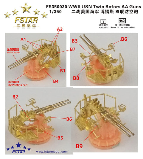 ファイブスターモデル FS350030 1/350 WWIIアメリカ海軍 ボフォース連装対空砲(4台セット)3Dプリント+真鍮砲身