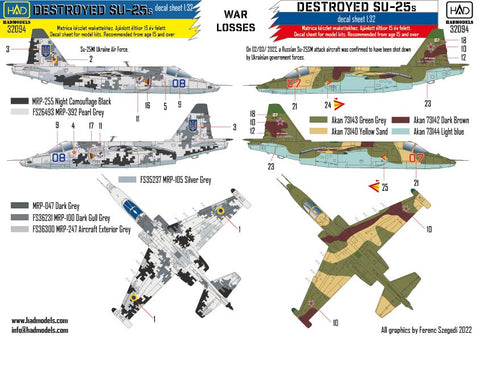 HADモデル 32094 1/32 戦争の損失 - ウクライナとロシアの破壊されたSU-25のデカールシート