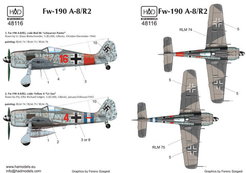 HADモデル 48116 1/48 FW-190 A-8 / R2 赤 4 ”ウル・サウ”; Red16「シュヴァルツァー パンター」) デカールシート