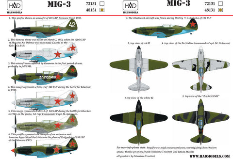HADモデル 48131 1/48 MiG-3 (ロシア白 42、赤 02、ザ ロディナ、ザ スタリナ) デカール シート