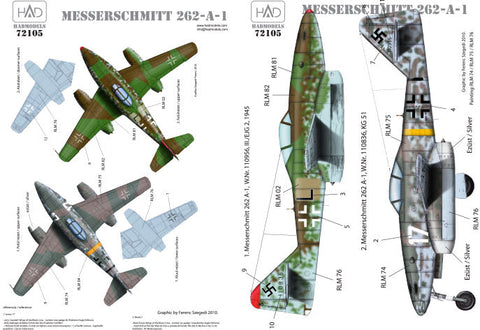 HADモデル 72105 1/72 メッサーシュミット Me 262 A-1(ドイツ空軍 黒「L」、白17)デカールシート