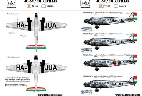 HADモデル 72130 1/72 Ju-52 民間人 (HA-JUA、HA-JUC、HA-JUF) デカール シート