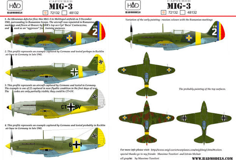 HADモデル 72132 1/72 MiG-3(ルーマニアとドイツのマーキング付き)デカールシート