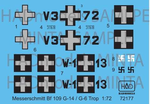 HADモデル 72177 1/72 メッサーシュミット Bf 109 G-14 / G-6 Trop( HUN V3+72; W-1+13) デカール