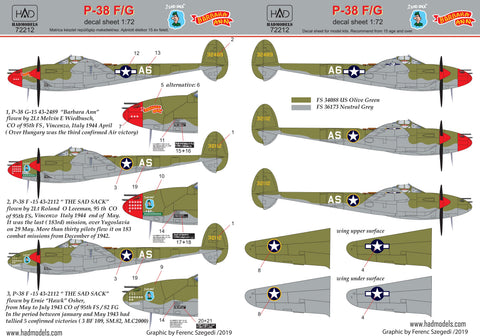 HADモデル 72212 1/72 P-38 F/G「ヨーロッパ上空」デカールシート