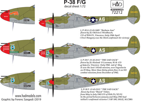 HADモデル 72212 1/72 P-38 F/G「ヨーロッパ上空」デカールシート