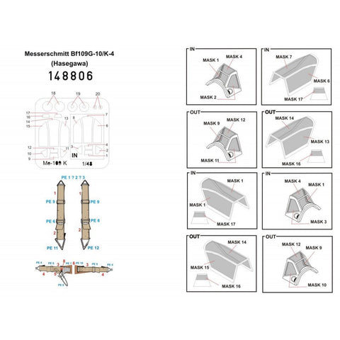 HGW 148806 1/48 メッサーシュミット Bf 109G-10/K-4 シートベルト BASIC LINE: seatbelts + masks | ハセガワ用