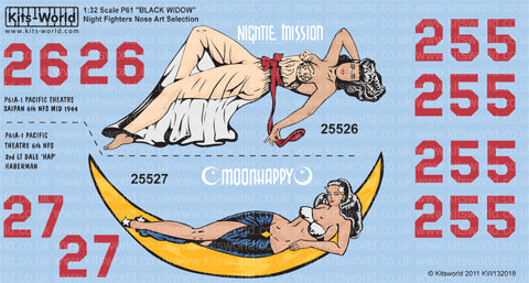 キッツワールド KW132018 1/32 ノースロップ P-61B-1 'Nightie Mission/ムーンハッピー' - フルカラーデカール