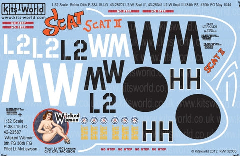 キッツワールド KW132035 1/32 ロッキード P-38J ライトニング 'Scat II/Wicked Woman' - フルカラーデカール