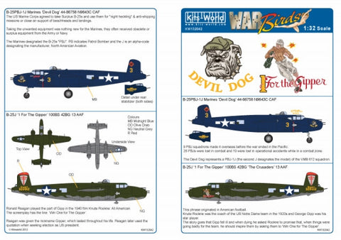 キッツワールド KW132042 1/32 北アメリカ B-25J ミッチェル 'デビルドッグ/For The Gipper' - フルカラーデカール