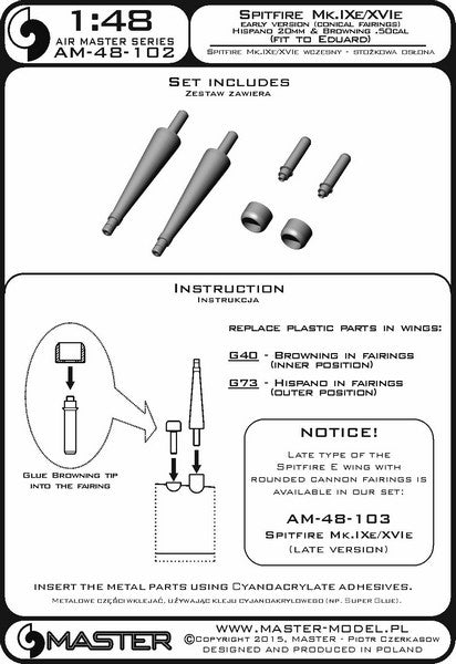 マスター AM-48-102 1/48 スピットファイア Mk.IXe/XVIe の初期型武装(円錐形) フェアリング付 イスパノ20mmキャノン砲の砲身とブローニング .50キャリバー銃身(エデュアルド用)
