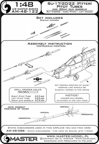 マスター AM-48-122 1/48 スホーイ Su-17, Su-20, Su-22 (フィッター)のピトー管(全バージョンのオプションパーツ)および 30mm機関砲銃身