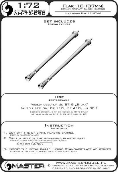 マスター AM-72-090 1/72 ドイツ空軍 航空機関砲 3.7cm Flak18銃身(ユンカース Ju-87G 他用)(2本入り)