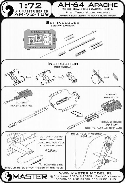 マスター AM-72-109 1/72 AH-64 アパッチ 装備セット(M230(30mm)チェーンガン 砲身,ピトー管,およびテイルアンテナ)(レジン、エッチングパーツ、挽物パーツ)