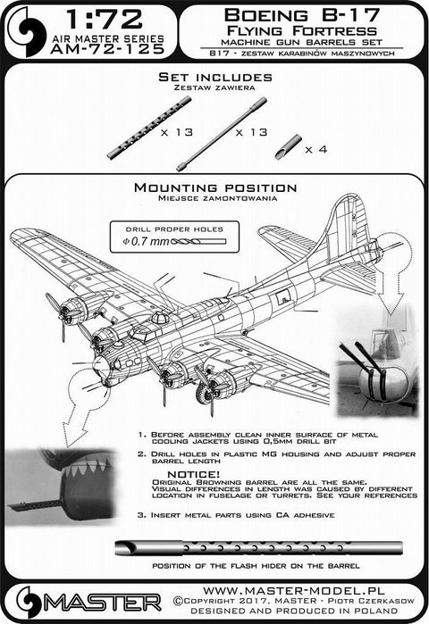 マスター AM-72-125 1/72 ボーイングB-17 フライングフォートレス 機関銃セット(ブローニングM2航空機関砲 .50キャリバー フラッシュハイダー付銃身)