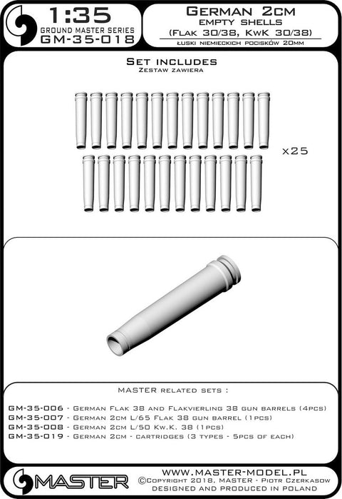 マスター GM-35-018 1/35 ドイツ軍 Flak 30/38, KwK 30/38用の2cm弾薬(20x138B口径)の空薬莢 (25個)(全長2mm)