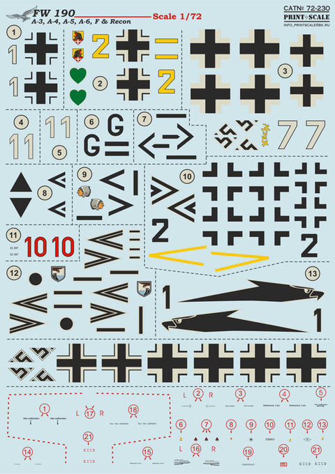 プリントスケール 72-230 1/72 フォッケウルフ 190 A-3, A-4, A-5, A-6, F & 偵察機