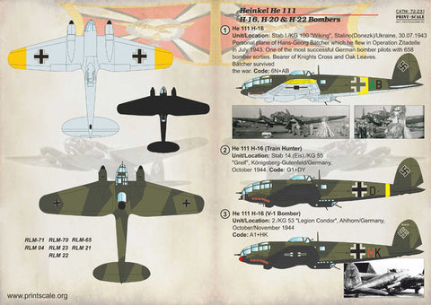 プリントスケール 72-231 1/72 ハインケル He111H-16、H-20&H-22爆撃機