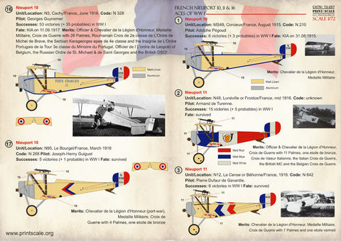 プリントスケール 72-257 1/72 フランス空軍 ニューポール 10,11,16 エース WWI