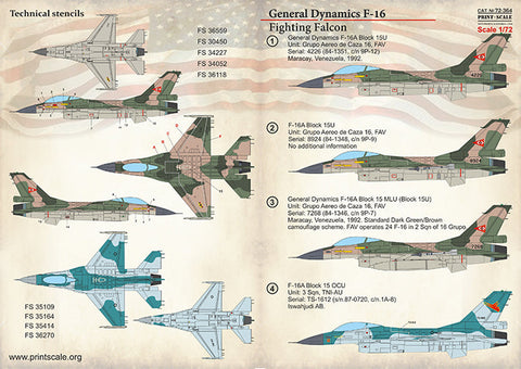 プリントスケール 72-364 1/72 F-16 ファイティングファルコン ベネズエラ,インドネシア,ルーマニア